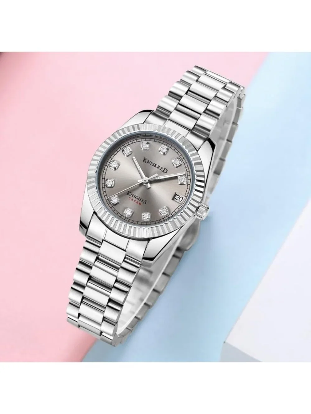 Women's Silver Grey Crystal Accented Dial Solid Stainless Steel Band Wrist Watch